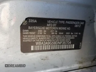 2013 BMW 3 Series 335i z VIN WBA3A9G58DNP35704, wystawiony jako Copart lot #88901535 z przebiegiem 126 492 mil mil oraz Szkoda całkowita • Salvage title. Historia ofert i sprzedaży dostępna na DreamBid. Obrazek 12.