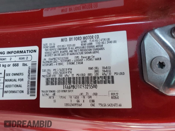 2016 Ford Mustang GT with VIN 1FA6P8CF1G5323500, listed as a Copart auction lot 62330735 with 105,273 mi miles and Salvage title. Bid and sale history available at DreamBid. Image 12.