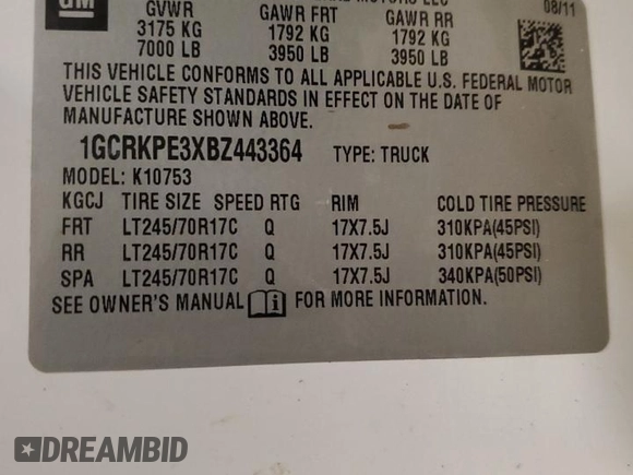 2011 Chevrolet Silverado 1500 Work Truck with VIN 1GCRKPE3XBZ443364, listed as a Copart auction lot 50638575 with 201,018 mi miles and Clean Title. Bid and sale history available at DreamBid. Image 12.