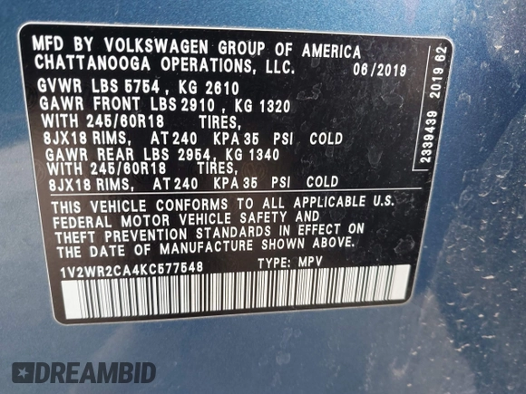 2019 Volkswagen Atlas SE with VIN 1V2WR2CA4KC577548, listed as a IAAI auction lot 41964877 with 74,361 mi miles and . Bid and sale history available at DreamBid. Image 9.