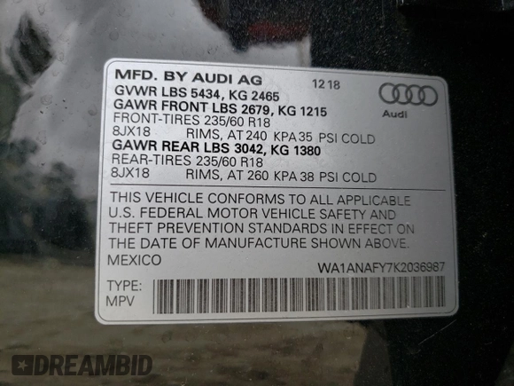 2019 Audi Q5 Premium with VIN WA1ANAFY7K2036987, listed as a Copart auction lot 66939822 with 44,245 mi miles and . Bid and sale history available at DreamBid. Image 10.
