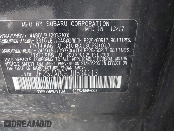 2018 Subaru Forester z VIN JF2SJABC1JH534213, wystawiony jako IAAI lot #42151142 z przebiegiem 108 714 mil mil oraz . Historia ofert i sprzedaży dostępna na DreamBid. Obrazek 9.
