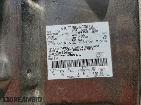 2006 Ford F-150 XLT with VIN 1FTPW14V06KC21359, listed as a Copart auction lot 62238015 with 281,038 mi miles and Salvage title. Bid and sale history available at DreamBid. Image 12.