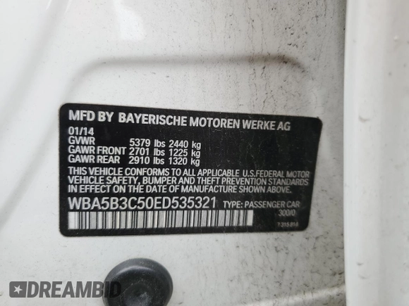 2014 BMW 5 Series 535i xDrive z VIN WBA5B3C50ED535321, wystawiony jako Copart lot #57020725 z przebiegiem 178 165 mil mil oraz Szkoda całkowita • Salvage title. Historia ofert i sprzedaży dostępna na DreamBid. Obrazek 12.