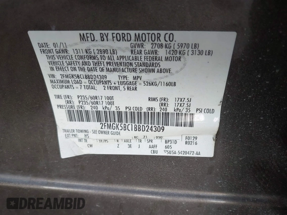 2011 Ford Flex SE with VIN 2FMGK5BC1BBD24309, listed as a IAAI auction lot 41483020 with 1 mi miles. Bid and sale history available at carsss.com. Image 9.