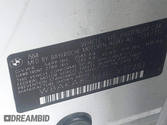 2011 BMW 7 Series 750i with VIN WBAKA8C56BCY37281, listed as a IAAI auction lot 42637801 with 122,263 mi miles and . Bid and sale history available at DreamBid. Image 9.