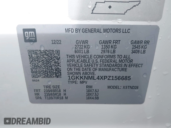 2023 GMC Acadia SLT with VIN 1GKKNML4XPZ156685, listed as a IAAI auction lot 42231988 with 61,094 mi miles and . Bid and sale history available at DreamBid. Image 9.