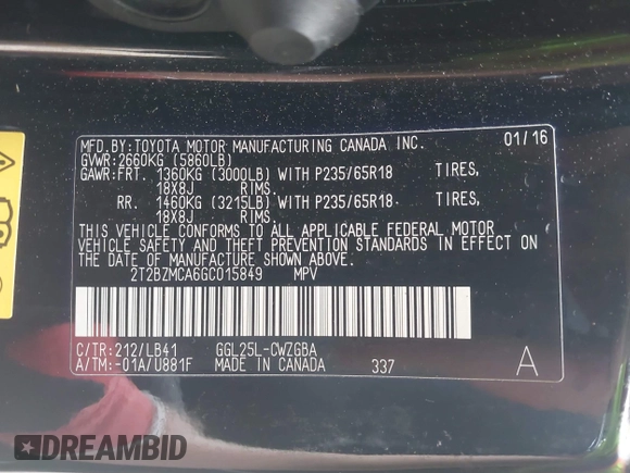 2016 Lexus RX 350 with VIN 2T2BZMCA6GC015849, listed as a IAAI auction lot 42277413 with 63,927 mi miles and . Bid and sale history available at DreamBid. Image 9.