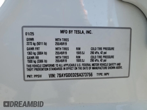 2025 Tesla Model Y Long Range with VIN 7SAYGDED2SA373756, listed as a Copart auction lot 49866835 with 3,318 mi miles and Salvage Title. Bid and sale history available at DreamBid. Image 14.