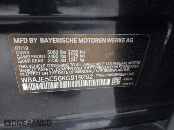 2019 BMW 5 Series 540i with VIN WBAJE5C56KG919292, listed as a IAAI auction lot 42346538 with 76,104 mi miles and . Bid and sale history available at DreamBid. Image 9.