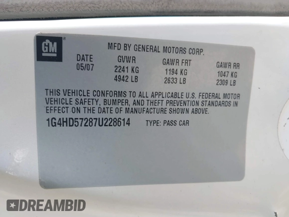 2007 Buick Lucerne V6 CXL with VIN 1G4HD57287U228614, listed as a IAAI auction lot 41843518 with 183,249 mi miles. Bid and sale history available at carsss.com. Image 9.