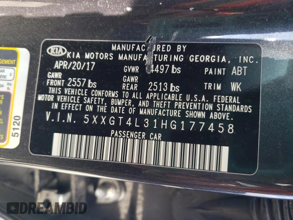 2017 Kia Optima LX with VIN 5XXGT4L31HG177458, listed as a Copart auction lot 53980795 with 53,940 mi miles and Salvage title. Bid and sale history available at DreamBid. Image 12.