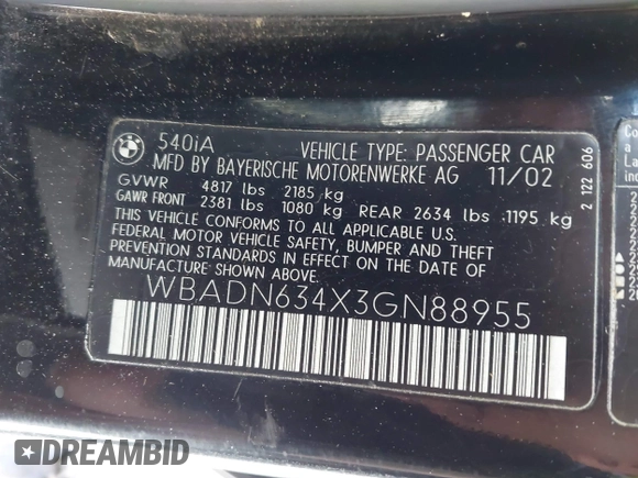 2003 BMW 5 Series 540i with VIN WBADN634X3GN88955, listed as a IAAI auction lot 42610259 with 169,837 mi miles and . Bid and sale history available at DreamBid. Image 9.