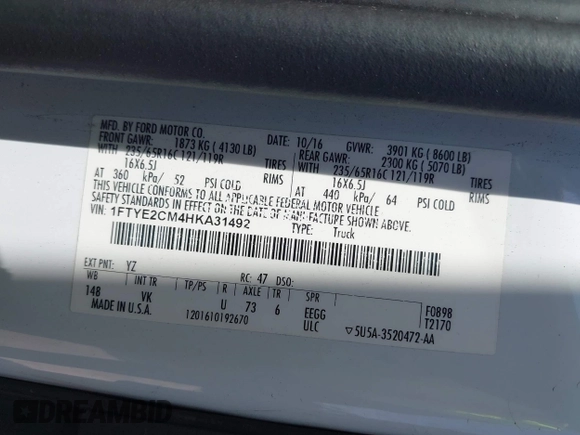 2017 Ford Transit with VIN 1FTYE2CM4HKA31492, listed as a IAAI auction lot 42264076 with 182,598 mi miles and . Bid and sale history available at DreamBid. Image 9.