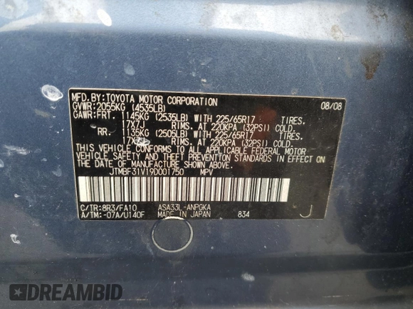 2009 Toyota RAV4 Limited with VIN JTMBF31V19D001750, listed as a Copart auction lot 60021595 with 168,972 mi miles and Clean title. Bid and sale history available at DreamBid. Image 13.
