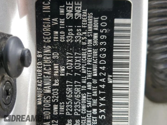 2013 Kia Sorento LX with VIN 5XYKT4A24DG339500, listed as a Copart auction lot 56302605 with 166,733 mi miles and Salvage title. Bid and sale history available at DreamBid. Image 13.