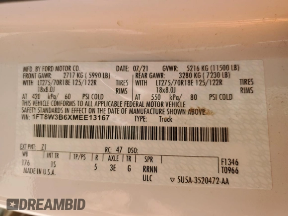 2021 Ford F-350 XL with VIN 1FT8W3B6XMEE13167, listed as a Copart auction lot 75465194 with 103,368 mi miles and Salvage Title. Bid and sale history available at DreamBid. Image 14.