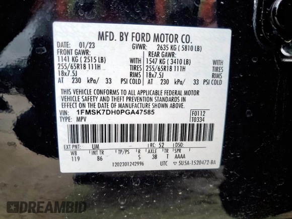 2023 Ford Explorer XLT z VIN 1FMSK7DH0PGA47585, wystawiony jako Copart lot #54660375 z przebiegiem 40 827 mil mil oraz Szkoda całkowita • Salvage title. Historia ofert i sprzedaży dostępna na DreamBid. Obrazek 13.