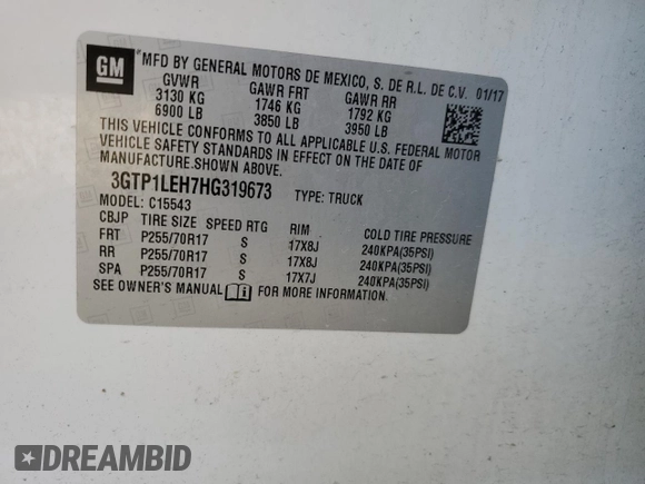 2017 GMC Sierra 1500 with VIN 3GTP1LEH7HG319673, listed as a Copart auction lot 81313114 with 96,912 mi miles and Salvage Title. Bid and sale history available at DreamBid. Image 13.