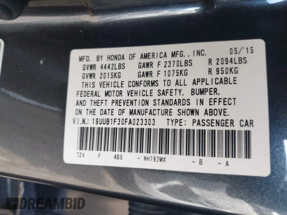 2015 Acura TLX with VIN 19UUB1F30FA023303, listed as a IAAI auction lot 41868818 with 177,616 mi miles and . Bid and sale history available at DreamBid. Image 9.