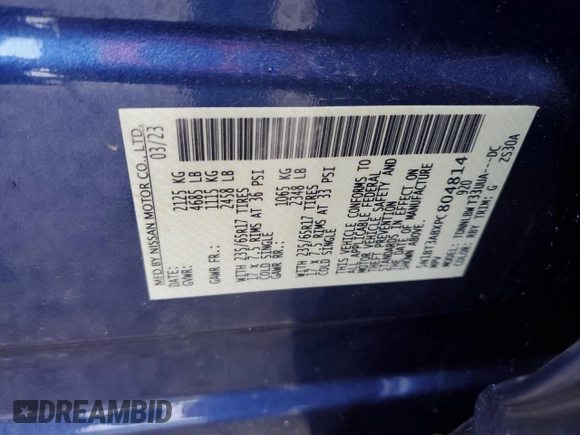 2023 Nissan Rogue S with VIN 5N1BT3ABXPC804814, listed as a Copart auction lot 57279825 with 46,926 mi miles and Salvage title. Bid and sale history available at DreamBid. Image 13.