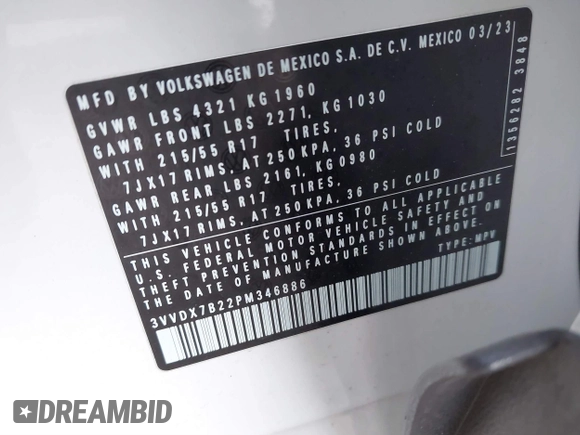 2023 Volkswagen Taos S z VIN 3VVDX7B22PM346886, wystawiony jako IAAI lot #41771427 z przebiegiem 46 695 mil mil oraz . Historia ofert i sprzedaży dostępna na DreamBid. Obrazek 9.