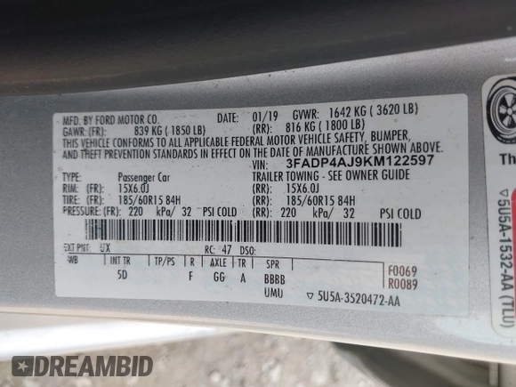 2019 Ford Fiesta S with VIN 3FADP4AJ9KM122597, listed as a IAAI auction lot 42264438 with 71,173 mi miles and . Bid and sale history available at DreamBid. Image 9.