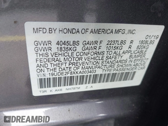 2019 Acura ILX w/Premium/A-Spec Pkg with VIN 19UDE2F8XKA003403, listed as a IAAI auction lot 40404184 with 68,680 mi miles. Bid and sale history available at carsss.com. Image 9.