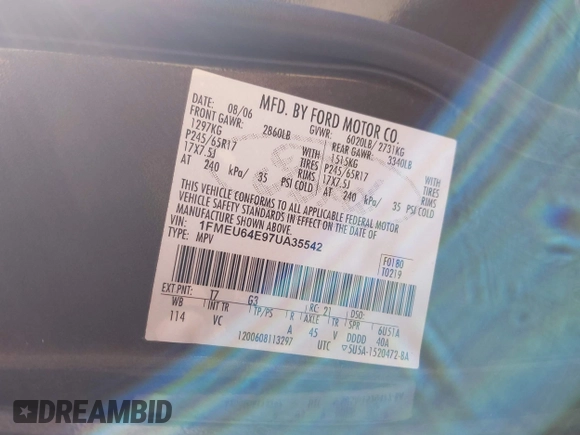 2007 Ford Explorer Eddie Bauer with VIN 1FMEU64E97UA35542, listed as a IAAI auction lot 41879471 with 128,766 mi miles and . Bid and sale history available at DreamBid. Image 9.