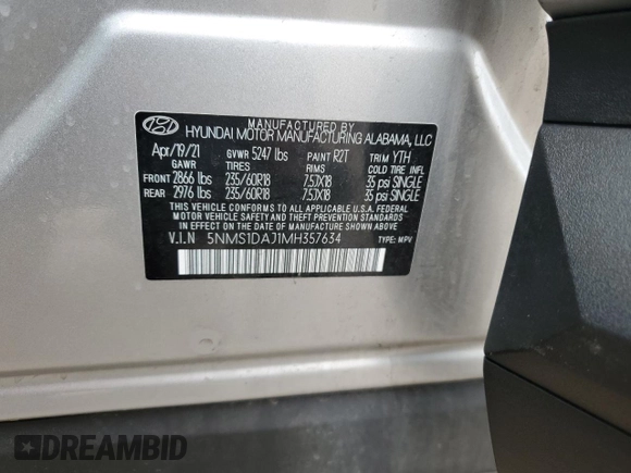 2021 Hyundai Santa Fe SE with VIN 5NMS1DAJ1MH357634, listed as a Copart auction lot 53699525 with 51,833 mi miles and Salvage title. Bid and sale history available at DreamBid. Image 14.