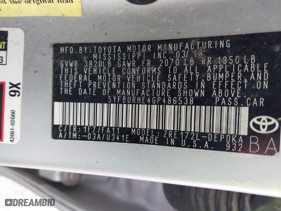 2016 Toyota Corolla L with VIN 5YFBURHE4GP486538, listed as a IAAI auction lot 41558789 with 166,106 mi miles. Bid and sale history available at carsss.com. Image 9.