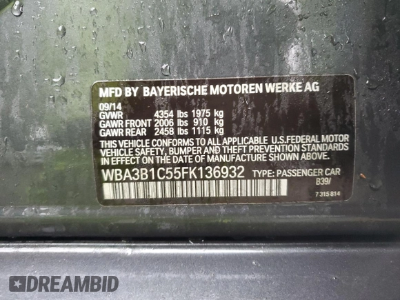 2015 BMW 3 Series 320i with VIN WBA3B1C55FK136932, listed as a Copart auction lot 44278445 with 153,693 mi miles and Salvage Title. Bid and sale history available at carsss.com. Image 14.