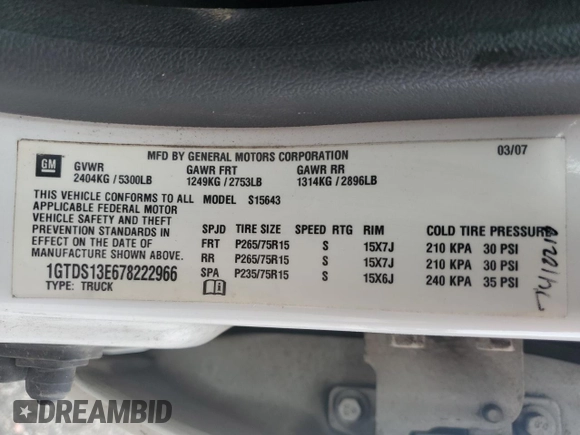 2007 GMC Canyon SLE1 z VIN 1GTDS13E678222966, wystawiony jako Copart lot #59161005 z przebiegiem 216 084 mil mil oraz Czysty tytuł • Clean title. Historia ofert i sprzedaży dostępna na DreamBid. Obrazek 12.