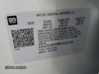 2022 Chevrolet Malibu LT with VIN 1G1ZD5ST8NF115135, listed as a Copart auction lot 52005115 with 94,651 mi miles and Salvage Title. Bid and sale history available at DreamBid. Image 15.