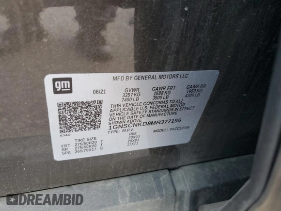 2021 Chevrolet Tahoe LT with VIN 1GNSCNKD8MR377195, listed as a Copart auction lot 50619815 with 35,014 mi miles and Salvage title. Bid and sale history available at DreamBid. Image 15.
