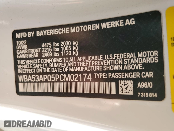 2023 BMW 4 Series 430i с VIN WBA53AP05PCM02174, выставлен на аукционе Copart как лот 88730895 с пробегом Не указан миль и Списание • Salvage title. История ставок и продаж доступна на DreamBid. Изображение 14.
