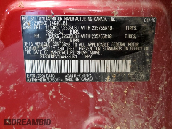 2016 Toyota RAV4 Limited z VIN 2T3DFREV1GW439061, wystawiony jako Copart lot #86280734 z przebiegiem Nie podano mil oraz Szkoda całkowita • Salvage title. Historia ofert i sprzedaży dostępna na DreamBid. Obrazek 14.