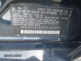 2007 BMW 3 Series 328i with VIN WBAVA33577KX82272, listed as a IAAI auction lot 42175352 with 194,774 mi miles and . Bid and sale history available at DreamBid. Image 9.