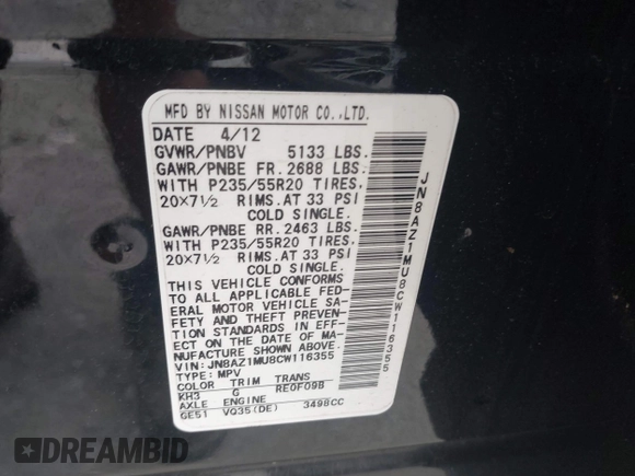 2012 Nissan Murano S with VIN JN8AZ1MU8CW116355, listed as a IAAI auction lot 42554089 with 148,132 mi miles and . Bid and sale history available at DreamBid. Image 9.