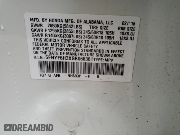 2016 Honda Pilot EX with VIN 5FNYF6H3XGB066361, listed as a Copart auction lot 49820645 with 106,666 mi miles and Salvage Title. Bid and sale history available at carsss.com. Image 13.