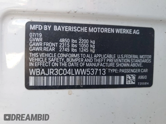 2020 BMW 5 Series 530i with VIN WBAJR3C04LWW53713, listed as a Copart auction lot 86999034 with 73,065 mi miles and Salvage Title. Bid and sale history available at DreamBid. Image 12.