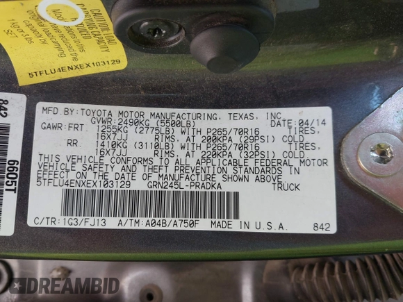 2014 Toyota Tacoma with VIN 5TFLU4ENXEX103129, listed as a IAAI auction lot 42230976 with 191,982 mi miles and . Bid and sale history available at DreamBid. Image 9.