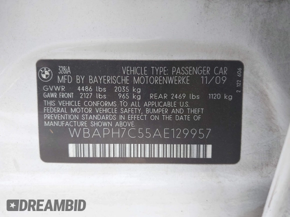 2010 BMW 3 Series 328i with VIN WBAPH7C55AE129957, listed as a IAAI auction lot 42505749 with 170,893 mi miles and . Bid and sale history available at DreamBid. Image 9.