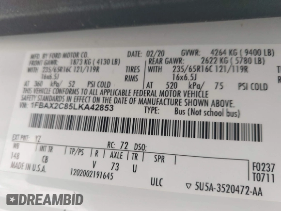 2020 Ford Transit Passenger XL with VIN 1FBAX2C85LKA42853, listed as a IAAI auction lot 42034055 with 65,181 mi miles and . Bid and sale history available at DreamBid. Image 9.