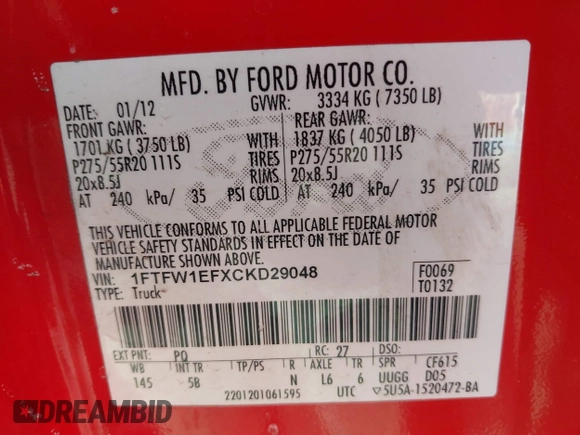 2012 Ford F-150 XL with VIN 1FTFW1EFXCKD29048, listed as a IAAI auction lot 41299434 with 177,308 mi miles. Bid and sale history available at carsss.com. Image 9.