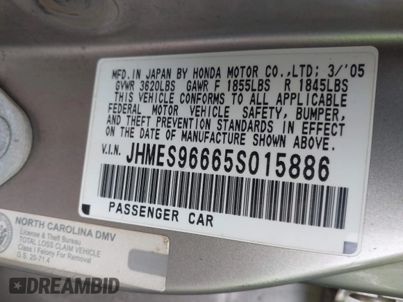 2005 Honda Civic z VIN JHMES96665S015886, wystawiony jako IAAI lot #41448767 z przebiegiem 171 988 mil mil oraz . Historia ofert i sprzedaży dostępna na DreamBid. Obrazek 9.