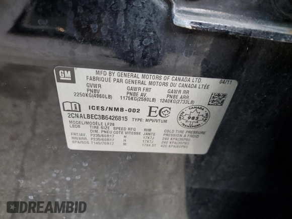 2011 Chevrolet Equinox LS with VIN 2CNALBEC3B6426815, listed as a Copart auction lot 75239104 with 150,298 mi miles and Salvage Title. Bid and sale history available at DreamBid. Image 13.