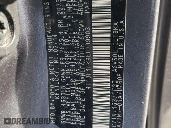 2014 Toyota Camry L with VIN 4T1BF1FK9EU389903, listed as a Copart auction lot 53778325 with 123,662 mi miles and Salvage Title. Bid and sale history available at DreamBid. Image 12.