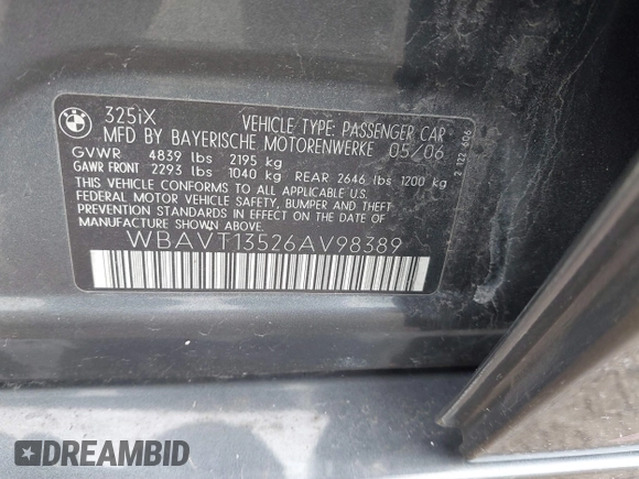 2006 BMW 3 Series 325xi with VIN WBAVT13526AV98389, listed as a IAAI auction lot 41818263 with 215,637 mi miles and . Bid and sale history available at DreamBid. Image 9.