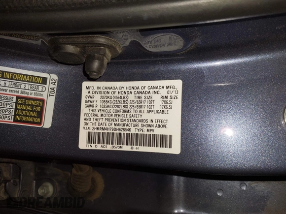 2013 Honda CR-V EX-L with VIN 2HKRM4H79DH626546, listed as a IAAI auction lot 41962494 with 91,923 mi miles and . Bid and sale history available at DreamBid. Image 9.
